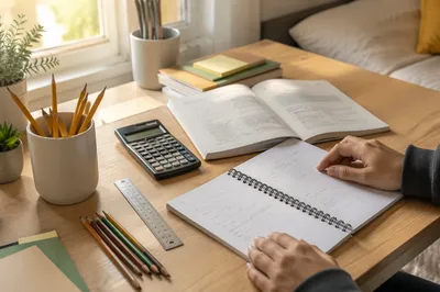 Sunlit Student Desk with Study Supplies