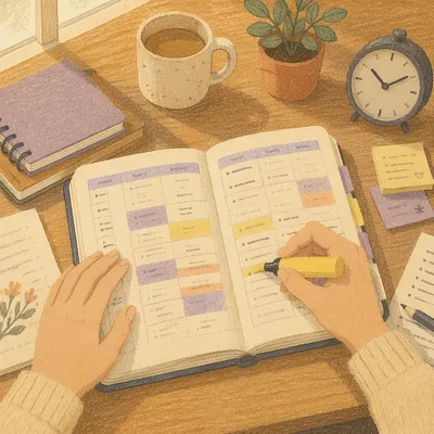 Highlighted Student Planner on Study Desk