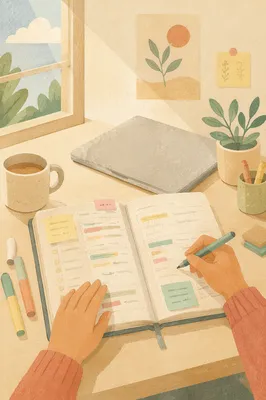 Highlighted Student Planner Study Desk Scene