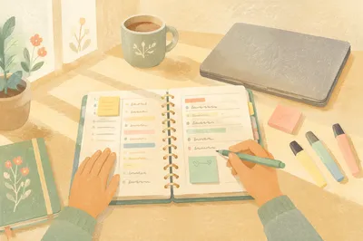 Highlighted Student Planner Study Desk Scene