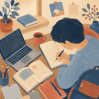 Focused Student Studying With Laptop and Notes