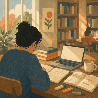 Focused Student Studying in Campus Library