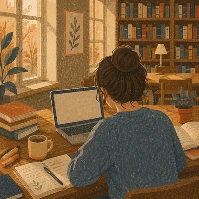 Focused Student Studying at Library Desk