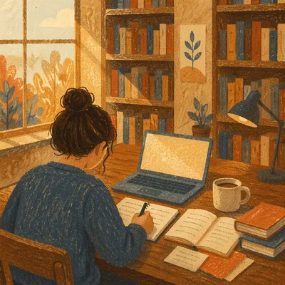 Focused Student Studying in Library Corner