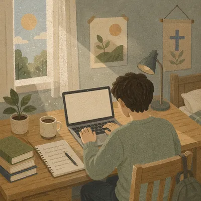 Focused Student Studying at Morning Desk