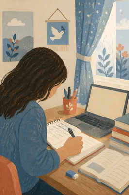 Focused Student Studying With Laptop Notes