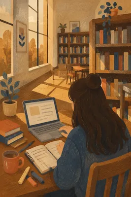 Focused Student Studying in Warm Library