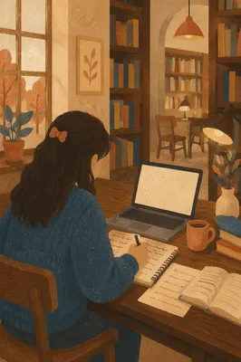 Focused Student Studying in Library Corner
