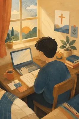 Focused Student Studying in Morning Light