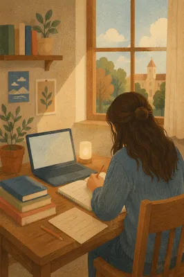 Focused Student Studying in Warm Morning Light