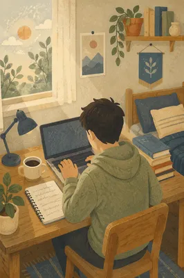 Focused Student Studying at Morning Desk