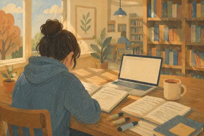 Focused Student Studying in Campus Library