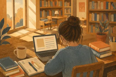 Focused Student Studying at Library Desk
