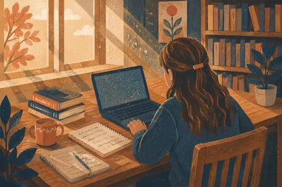 Focused Student Studying in Library Light