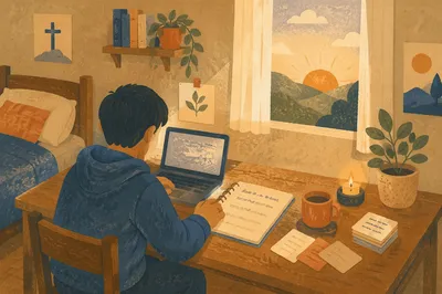 Focused Student Studying in Morning Light