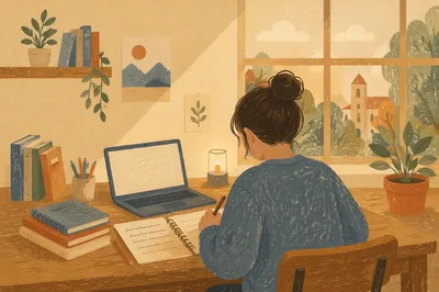 Focused Student Studying With Laptop Notes