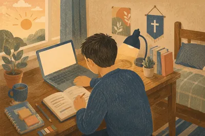 Focused Student Studying in Morning Dorm