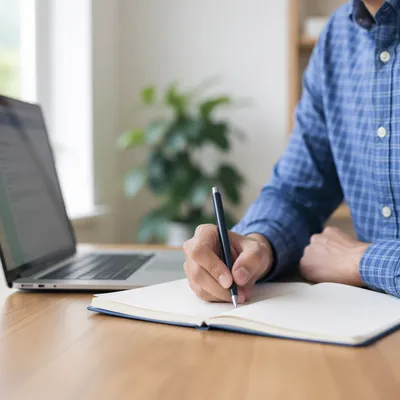Focused Student Writing Notes at Laptop