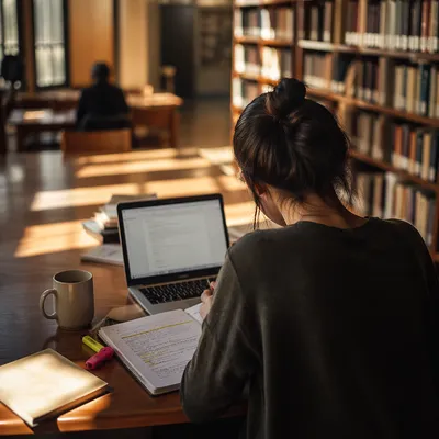 Focused Student Studying at Library Desk