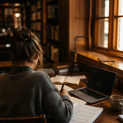 Focused Student Studying in Library Corner