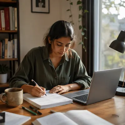 Focused University Student Studying by Window