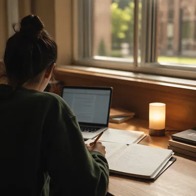 Focused Student Studying in Warm Morning Light