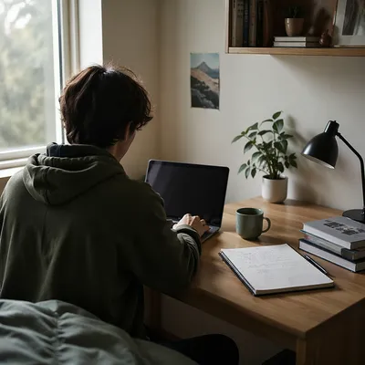 Focused Student Studying at Morning Desk