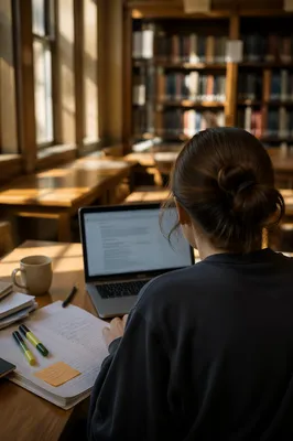 Focused Student Studying at Library Desk