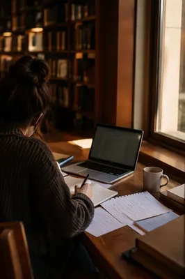 Focused Student Studying in Library Corner