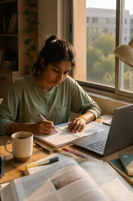 Focused Student Studying at Window Desk