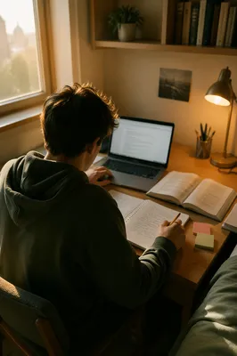 Focused Student Studying in Quiet Dorm Room