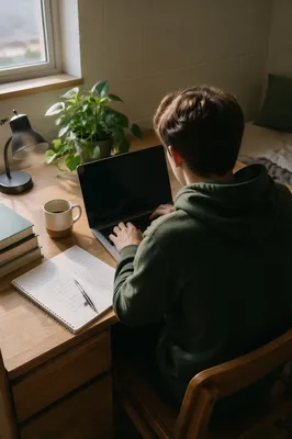 Focused Student Studying at Wooden Desk