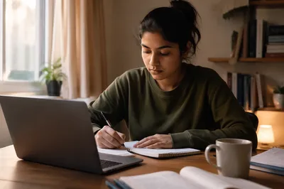Focused Student Studying at Dawn Desk