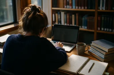 Focused Student Studying in Quiet Library