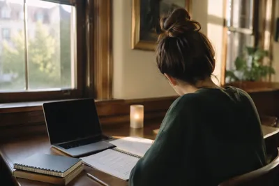 Focused Student Studying in Warm Morning Light