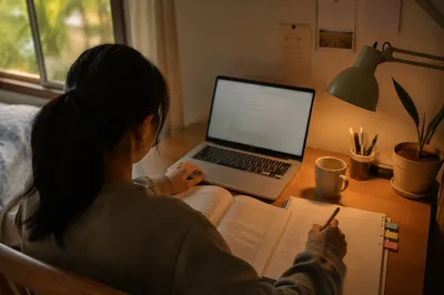 Focused Student Studying at Morning Desk