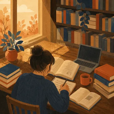 Focused Student Studying at Library Desk