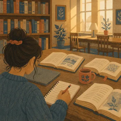 Quiet Library Study Desk at Sunset