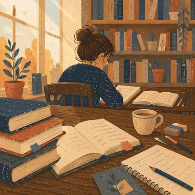 Focused Student Studying at Library Desk