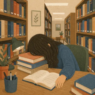 Tired Student Resting in Quiet Library