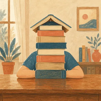 Overwhelmed Student Behind Library Book Stack