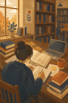 Focused Student Studying at Library Desk