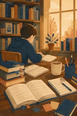 Quiet Library Study Desk at Sunset
