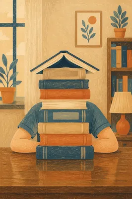 Overwhelmed Student Hidden Behind Library Books