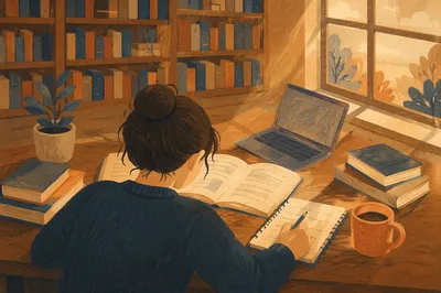 Student Studying at Quiet Library Desk