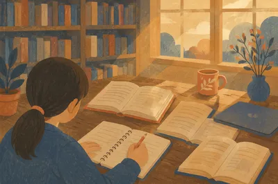 Quiet Library Study Desk at Sunset