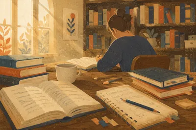Focused Student Studying at Library Desk