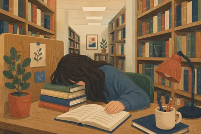 Tired Student Resting in Quiet Library