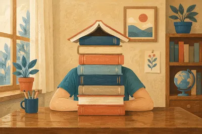 Overwhelmed Student Hidden Behind Library Books