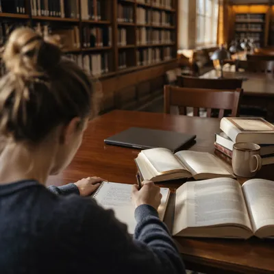Student Taking Notes at Library Desk